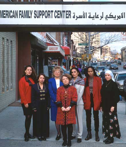 social workers gathered outside Arab-American support center